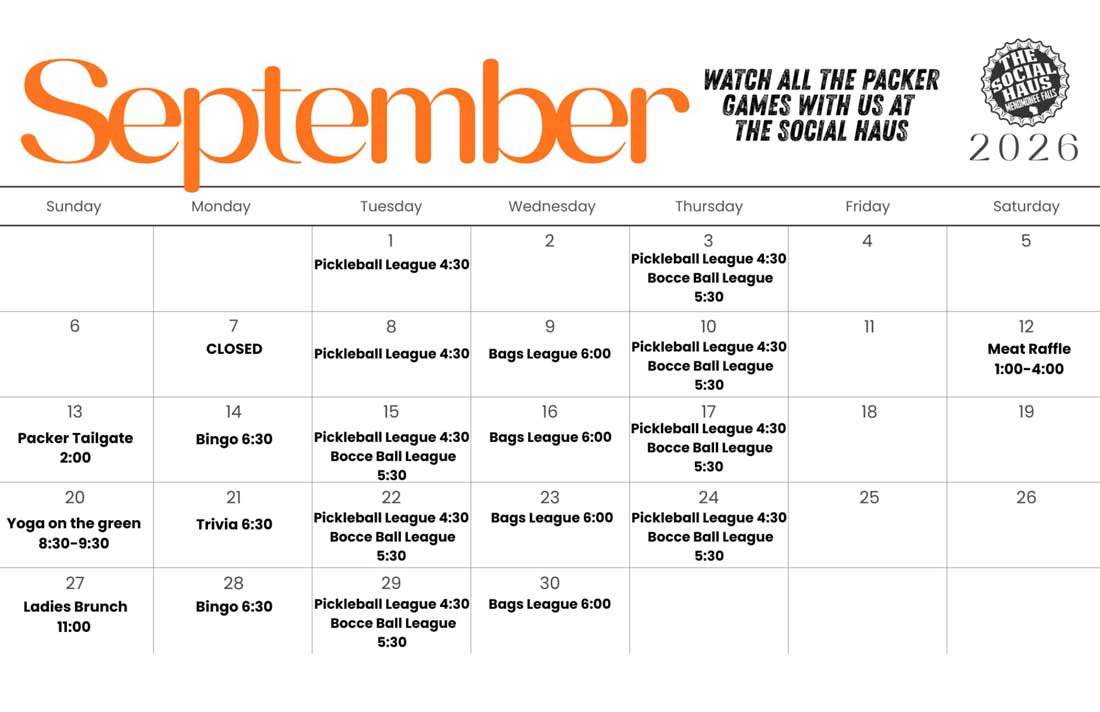 The Social Haus September 2026 Events Calendar.